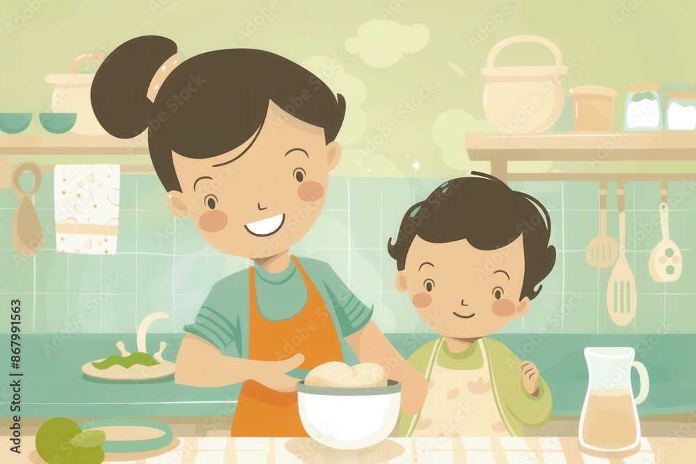 A mother and child are happily baking together in their kitchen, creating a warm and inviting atmosphere. Generative AI A mother and child are happily baking together in their kitchen, creating a warm and inviting atmosphere. Generative AI