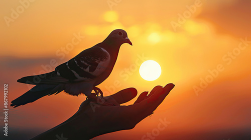 Silhouetted against a radiant sunrise, a pigeon gracefully returns to gentle hands in a symbolic gesture of peace, embodying the universal theme of hope, prayer, and unity. photo