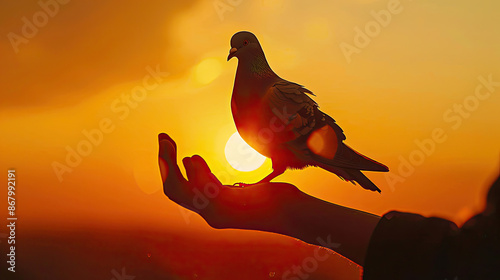 Silhouetted against a radiant sunrise, a pigeon gracefully returns to gentle hands in a symbolic gesture of peace, embodying the universal theme of hope, prayer, and unity. photo