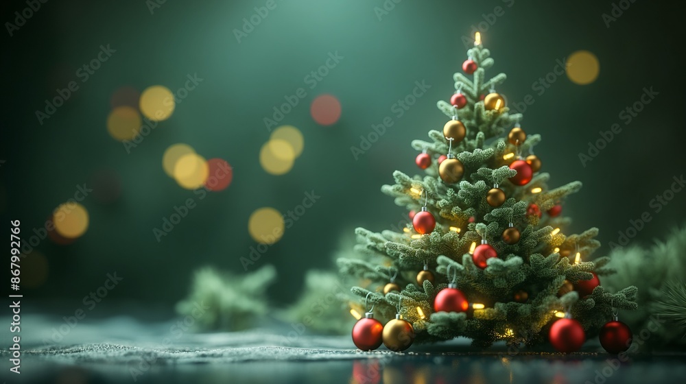 decorated christmas tree, realistic photograph of a 3D Christmas tree model adorned with red ball ornaments and gold ribbons and yellow lights