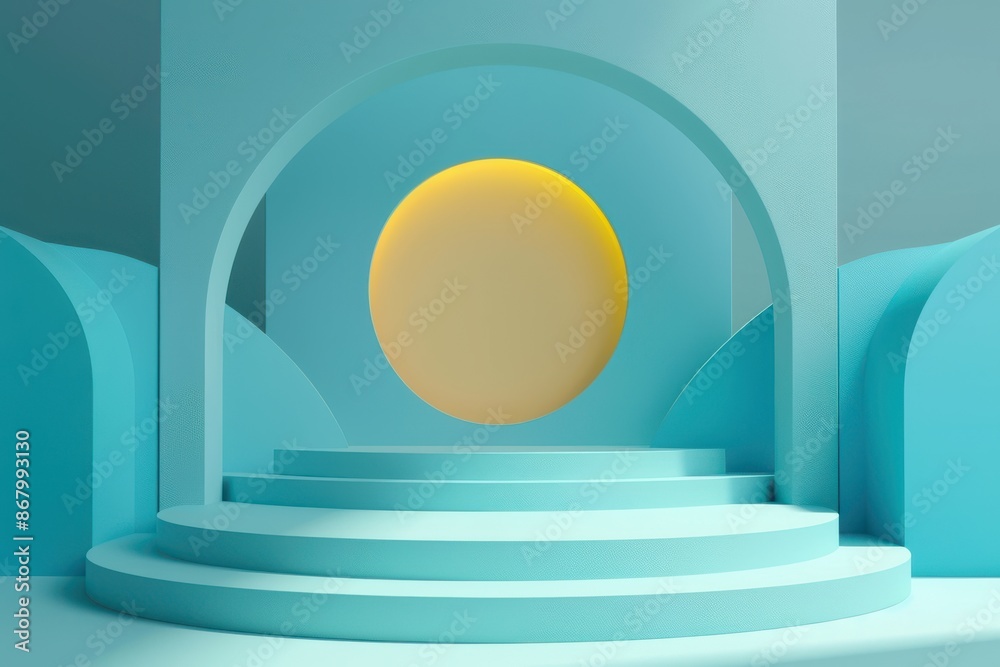Minimalist blue 3D rendering of a cylindrical podium with a yellow circle in the background. Ideal for showcasing products, cosmetics, or design concepts. Minimalist blue 3D rendering of a cylindrical podium with a yellow circle in the background. Ideal for showcasing products, cosmetics, or design concepts.