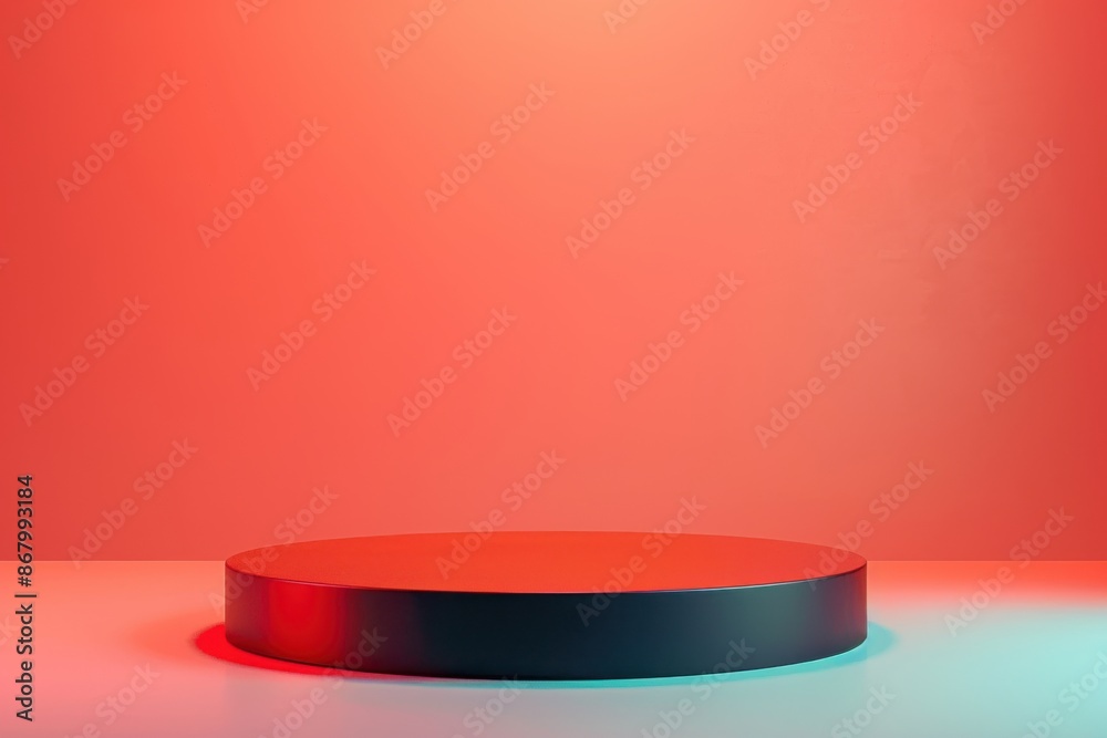 Black round podium illuminated by vibrant neon red, pink, and blue lights, ideal for showcasing products or brands. Perfect for cosmetics, technology, or fashion. Black round podium illuminated by vibrant neon red, pink, and blue lights, ideal for showcasing products or brands. Perfect for cosmetics, technology, or fashion.