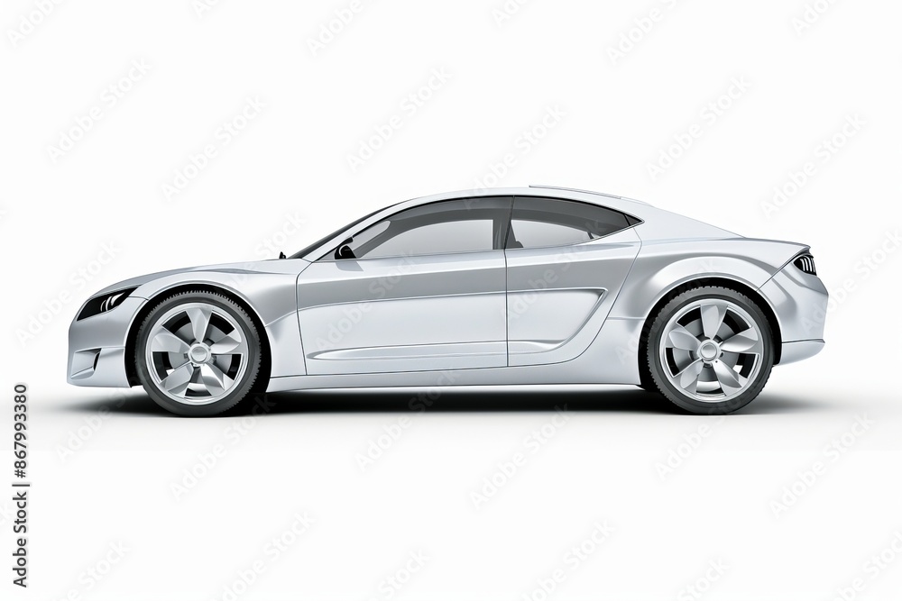 Silver car on white background, side view