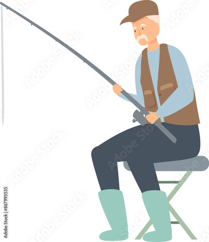 Elderly fisherman wearing a fishing vest is waiting patiently for a fish to bite