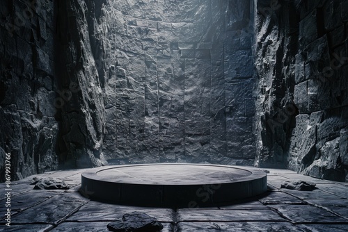Empty circular platform in dark ancient stone room, illuminated by mystical light beam. Perfect background for fantasy, history, or product display
