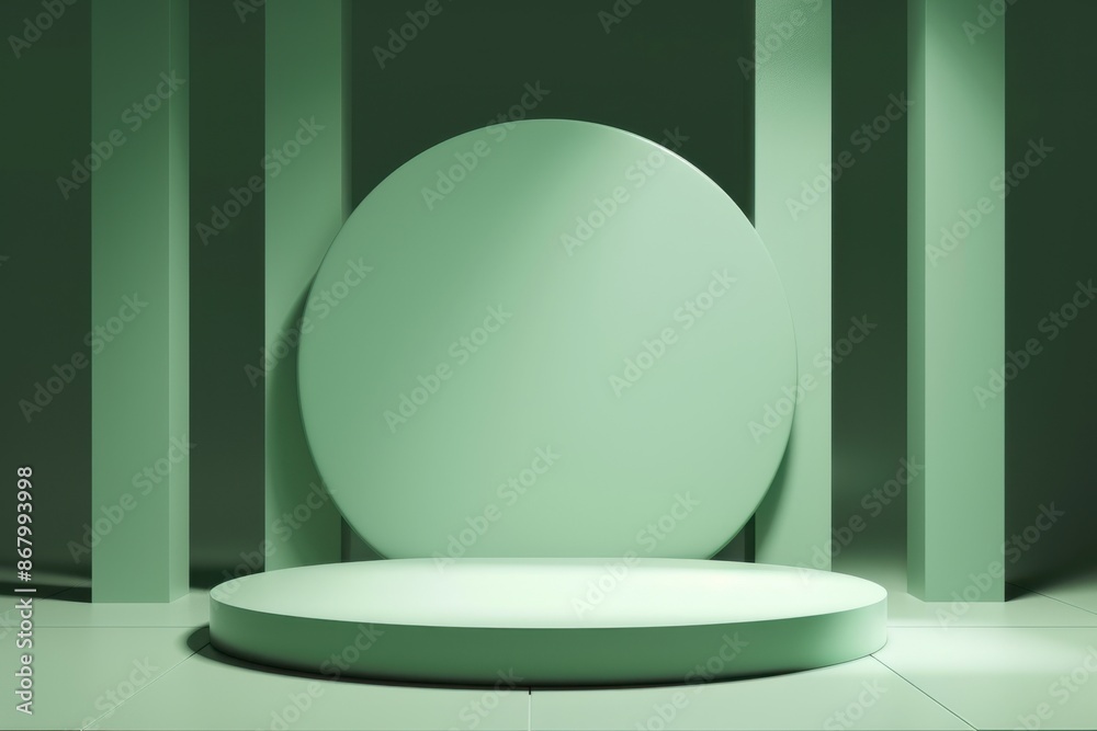 Minimalist 3D render of a round, empty green podium or stage with a backdrop of geometric shapes. Ideal for product placement, branding and advertisement. Minimalist 3D render of a round, empty green podium or stage with a backdrop of geometric shapes. Ideal for product placement, branding and advertisement.