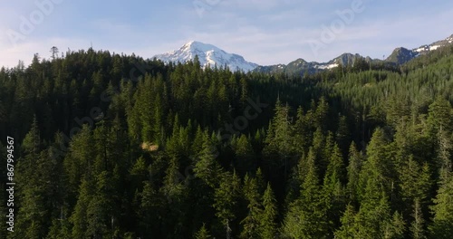 Drone Footage of Mount Rainier Rising Above Evergreen Forests