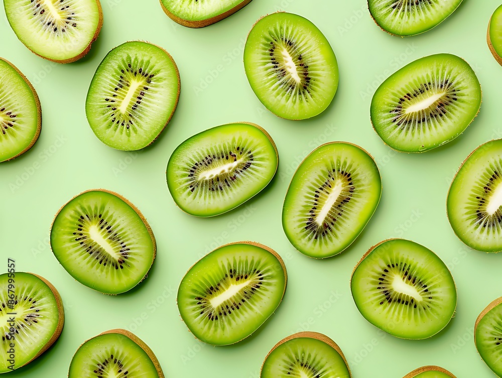 Fototapeta premium Green Kiwi Slices Pattern on Pastel Green Background