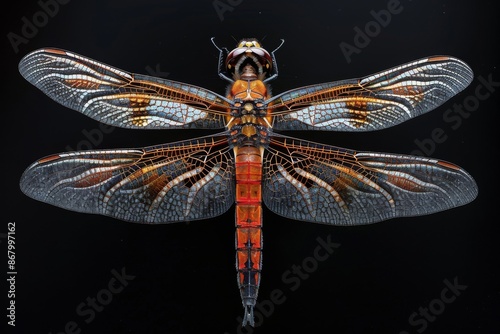 Dragonfly in Close-Up,  Detailed Wings with Orange and Gray Hues photo