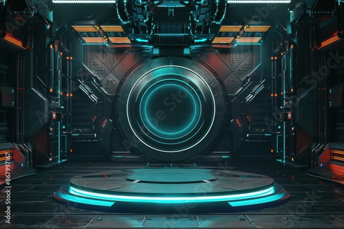 Futuristic Sci-Fi Background with Glowing Neon Lights and Empty Podium. Ideal for product placement, presentations, or game design.