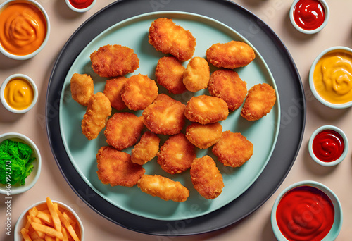 Golden battered breaded fried chicken nuggets arranged on a plate with many types of dipping sauces