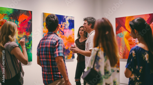 Group of Art Enthusiasts Discussing Colorful Painting