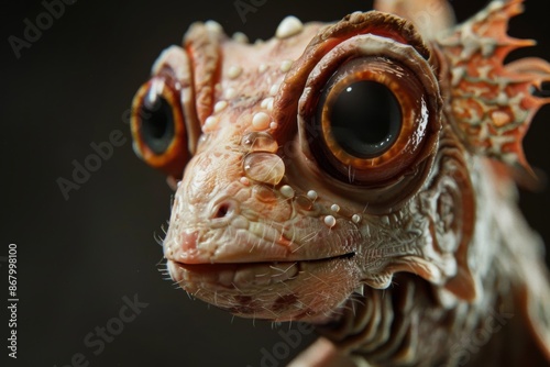 Detailed close-up of a bizarre creature with large eyes and spiky textures