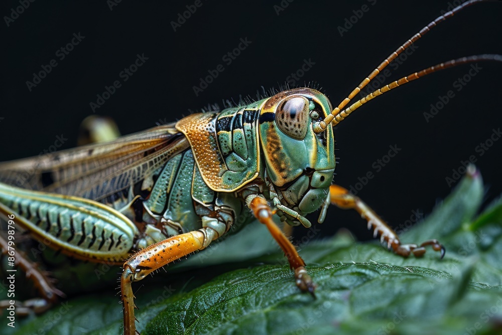 Close-Up of a Vibrant Grasshopper on a Leaf Close-Up of a Vibrant Grasshopper on a Leaf