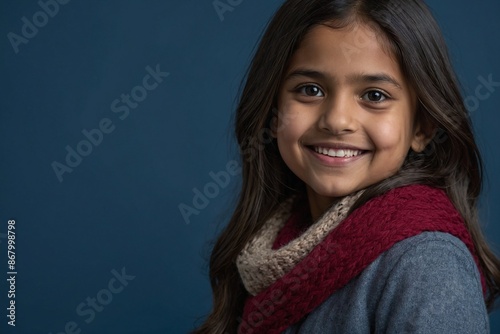 Indian girl with smile on her face next to empty space on dark blue background. Beautiful young woman in a studio with place for advertising text.