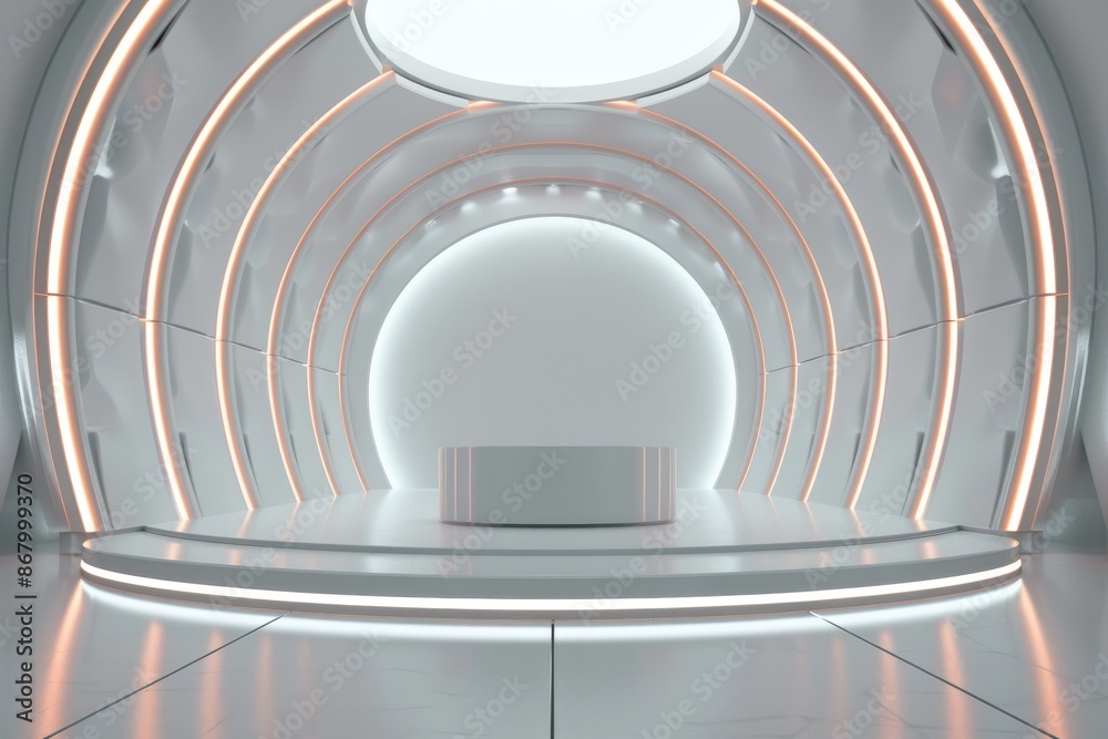 Obraz premium Futuristic, abstract, white interior with orange neon lights, 3D render