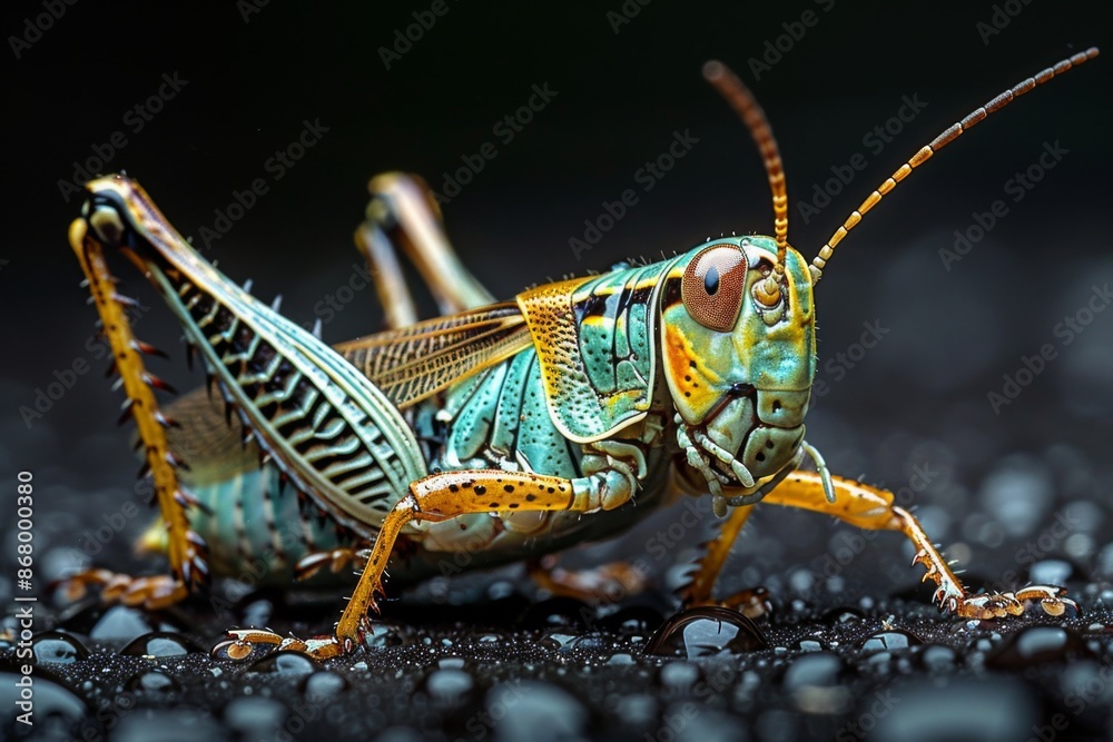 Fototapeta premium Close-up of a Vibrant Green Grasshopper on a Wet Surface