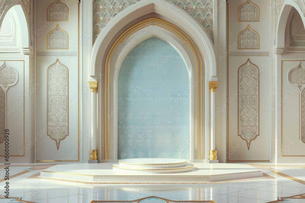 Fototapeta premium Stunning white and gold Islamic palace interior with ornate arches, marble floors and intricate designs. Perfect backdrop for Ramadan, Eid, or cultural celebrations.