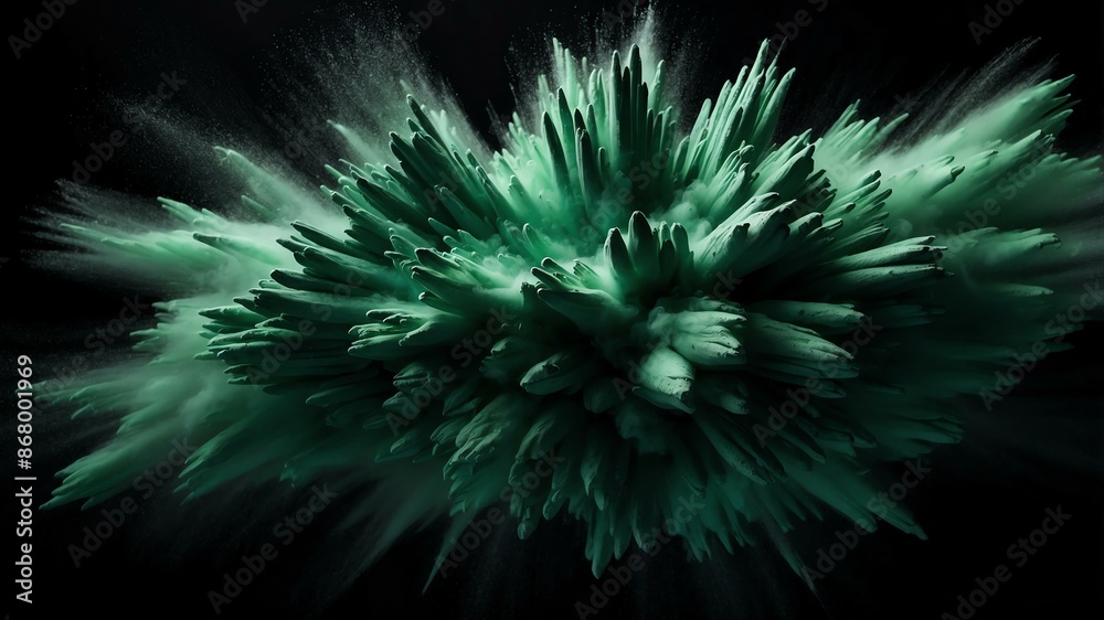 Fototapeta premium green powder center radial explosion isolated in black background