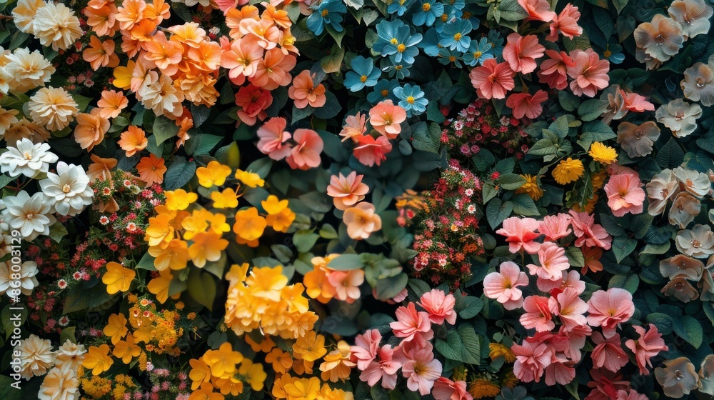 A vibrant wall of multi-colored flowers in various shades of orange, pink, blue, yellow, white, and green leaves, creating a captivating floral mosaic. A vibrant wall of multi-colored flowers in various shades of orange, pink, blue, yellow, white, and green leaves, creating a captivating floral mosaic.