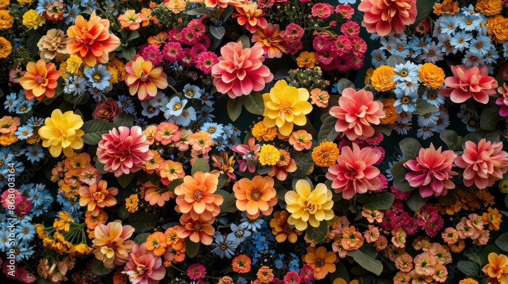 A vibrant wall of flowers featuring a variety of colors including red, pink, yellow, orange, and blue, adorned with lush green leaves. A vibrant wall of flowers featuring a variety of colors including red, pink, yellow, orange, and blue, adorned with lush green leaves.