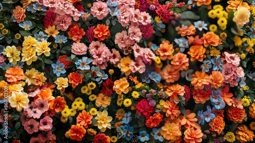 A vibrant and colorful display of various flowers on a wall, consisting of hues of blue, yellow, orange, and pink blossoms interwoven with green foliage, creating a lively and cheerful scenery.