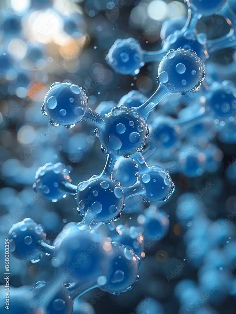 A blue plastic molecule model with a white and blue blurred background. A blue plastic molecule model with a white and blue blurred background.