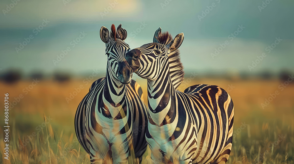 Fototapeta premium Two zebras in the wild of Africa. Zebra on a sky the color of a storm.