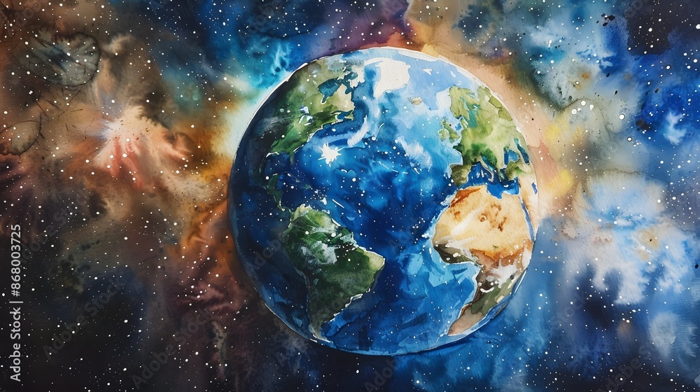 Obraz premium A vibrant watercolor painting captures the Earth from space, surrounded by colorful nebulas and countless stars.