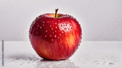 A crisp, red apple glistens with water droplets. Its glossy skin and perfect shape make it tempting and nutritious.