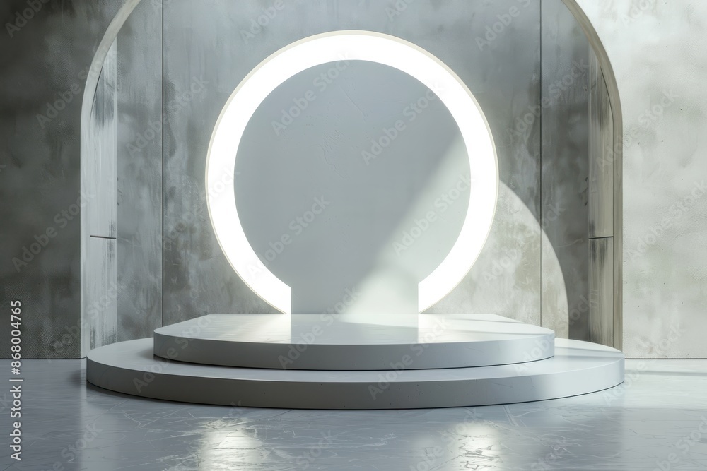 Minimalistic white podium with glowing circle for product presentation against a modern concrete wall with arches. 3D render with copy space. Minimalistic white podium with glowing circle for product presentation against a modern concrete wall with arches. 3D render with copy space.