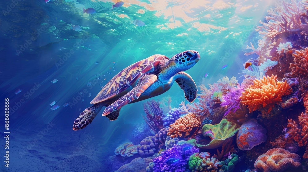 Fototapeta premium Underwater scene of a sea turtle gliding gracefully through the ocean near a vibrant coral reef