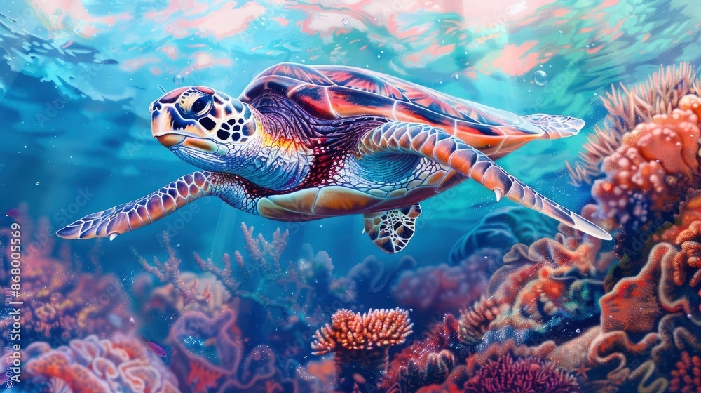 Underwater scene of a sea turtle gliding gracefully through the ocean near a vibrant coral reef Underwater scene of a sea turtle gliding gracefully through the ocean near a vibrant coral reef