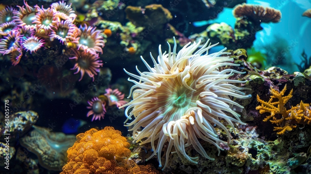 Close-up of a sea anemone with its tentacles swaying in the gentle ocean currents among colorful corals Close-up of a sea anemone with its tentacles swaying in the gentle ocean currents among colorful corals