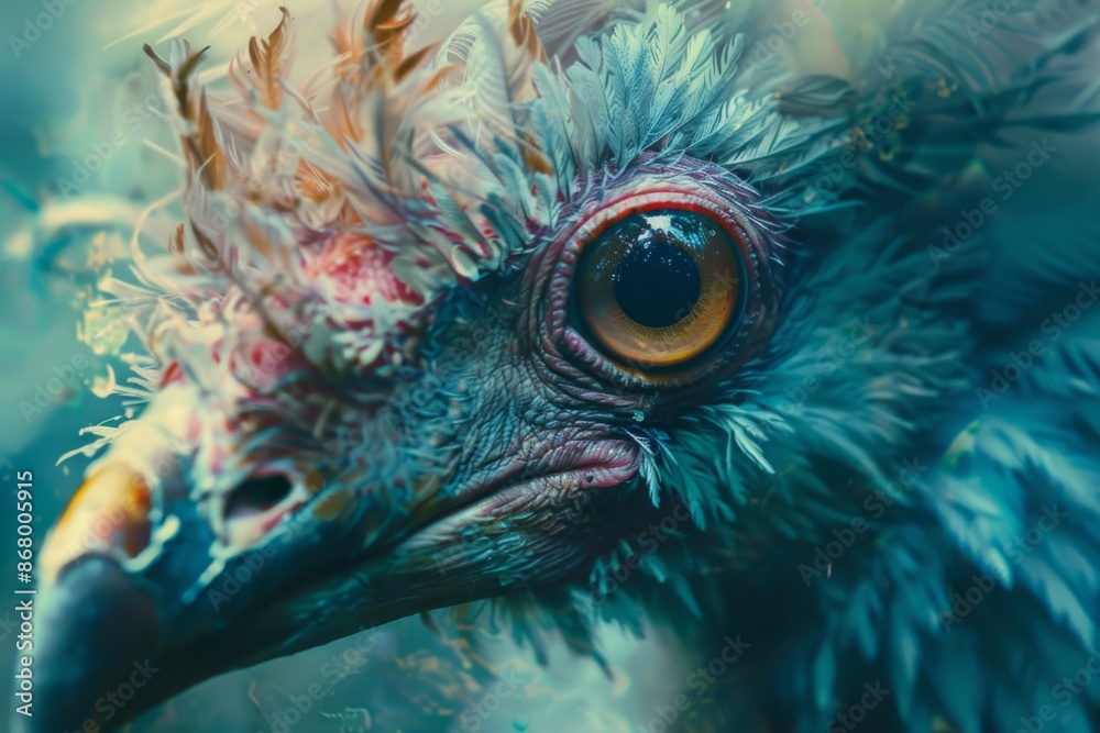 Obraz premium Fantastical bird creature with vibrant feathers and intense gaze