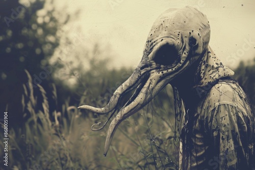 Eerie humanoid with elongated beak standing in a desolate field