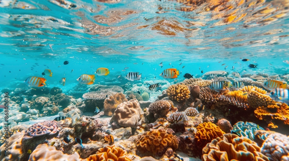 Fototapeta premium Vibrant coral reef scene with various species of tropical fish swimming among the corals in clear blue waters