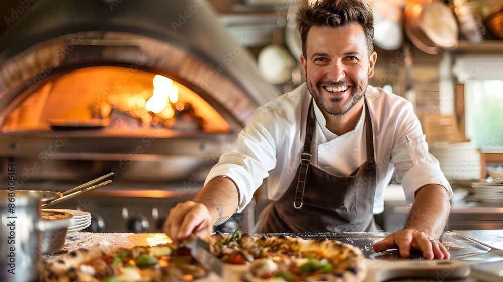 Joyful Chef Radiating Enthusiasm Near Well-Used Oven in Cooking Setting