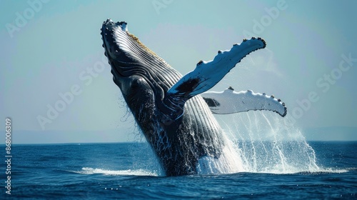 Majestic humpback whale breaching out of the water with the ocean and horizon in the background