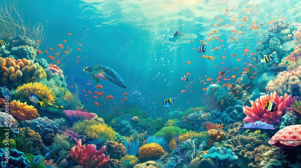 Underwater view of a vibrant coral reef with various marine creatures like fish, sea turtles, and corals Underwater view of a vibrant coral reef with various marine creatures like fish, sea turtles, and corals
