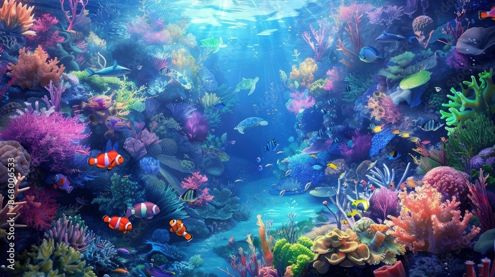 Naklejka premium Underwater view of a vibrant coral reef with various marine creatures like fish, sea turtles, and corals