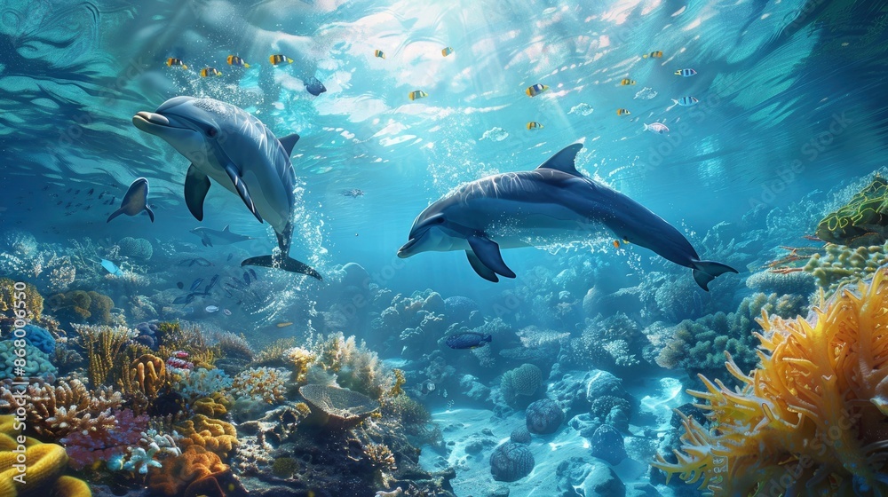 Dolphins playing in the ocean near a coral reef with clear, blue water and sunlight filtering through Dolphins playing in the ocean near a coral reef with clear, blue water and sunlight filtering through