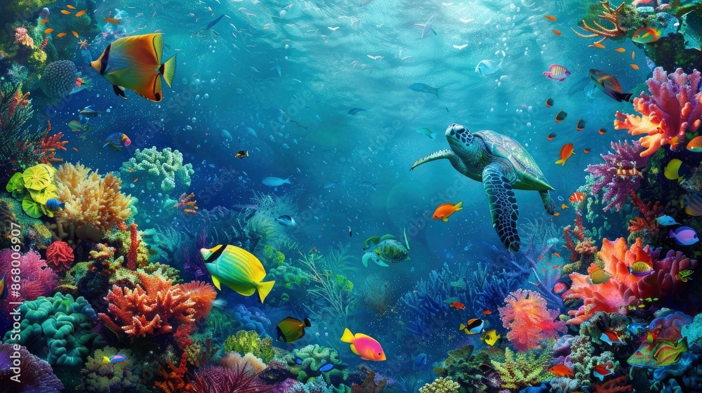 Fototapeta premium Underwater view of a vibrant coral reef with various marine creatures like fish, sea turtles, and corals