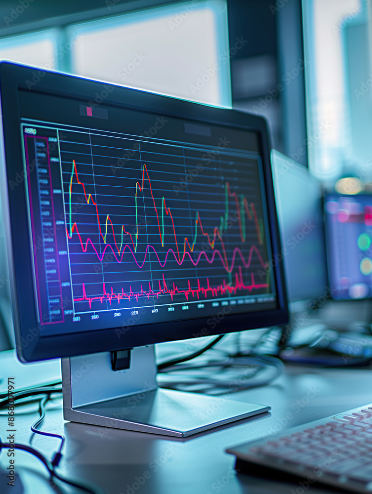 A computer monitor displaying an ECG line graph A computer monitor displaying an ECG line graph
