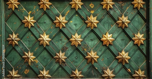 Ornate Green Door With Golden Star Detail In Prague