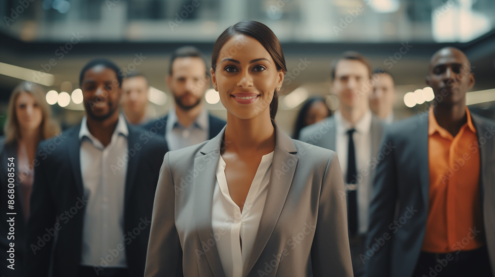 Obraz premium Focused headshot of a group walking indoors in a corporate setting