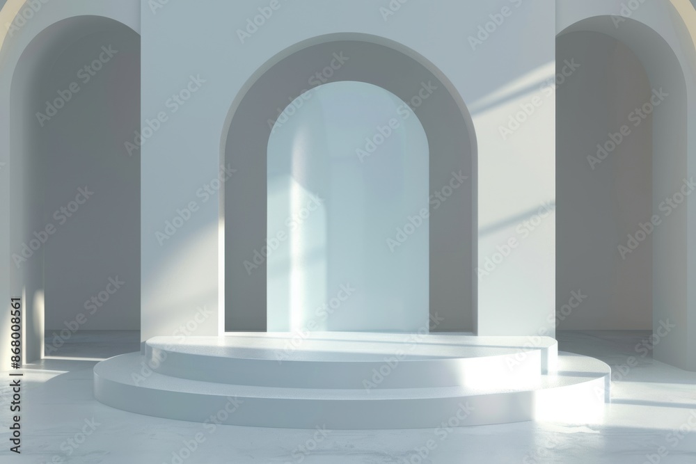 Minimalist white podium in an empty room with archways and natural light. Ideal background for product placement and branding. Minimalist white podium in an empty room with archways and natural light. Ideal background for product placement and branding.