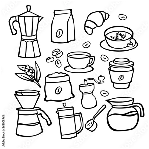 handdrawn doodle coffee element tools equipment and ingredient