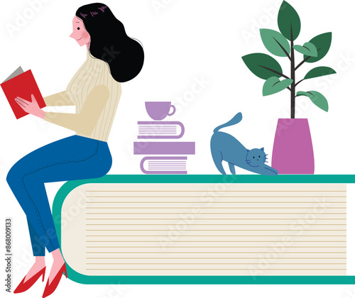 フラットでシンプルな大きな本に座って読書する大人の黒髪の女性のイラスト