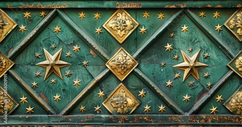 Ornate Green Door With Golden Star Detail In Prague
